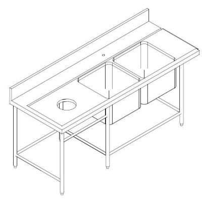 SS SOILED DISH DOUBLE BOWL SINK TABLE CW WASTE SCRAP HOLE